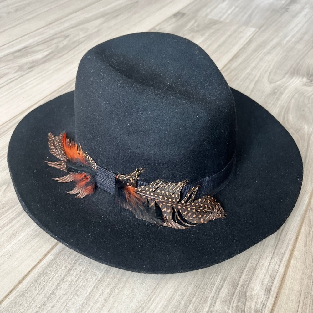 Saks Fifth Avenue BLACK Wool Fedora Hat Boho Black OS Feather Embellished Brim